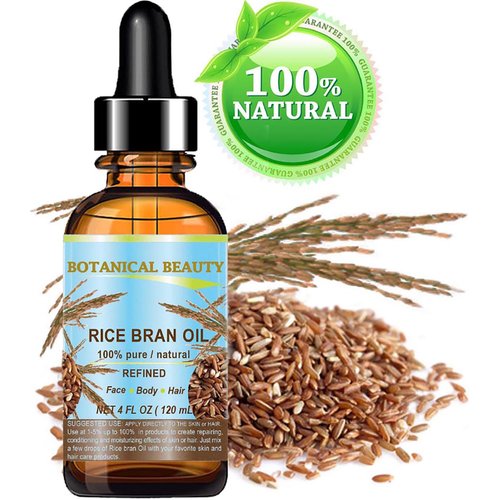Botanical Beauty RICE BRAN OIL 100% Pure Natural Refined Undiluted Cold Pressed Carrier Oil for Face, Skin, Body, Hair, Massage, Nails. 4 Fl. oz - 120 ml