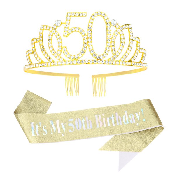 CURASA Birthday Sash and Crown for Women 50th Birthday Sash Gold Birthday Crown Adult Women Rhinestone Birthday Tiara Gold Its My 50th Birthday Sash Birthday Decoration for Party Gifts