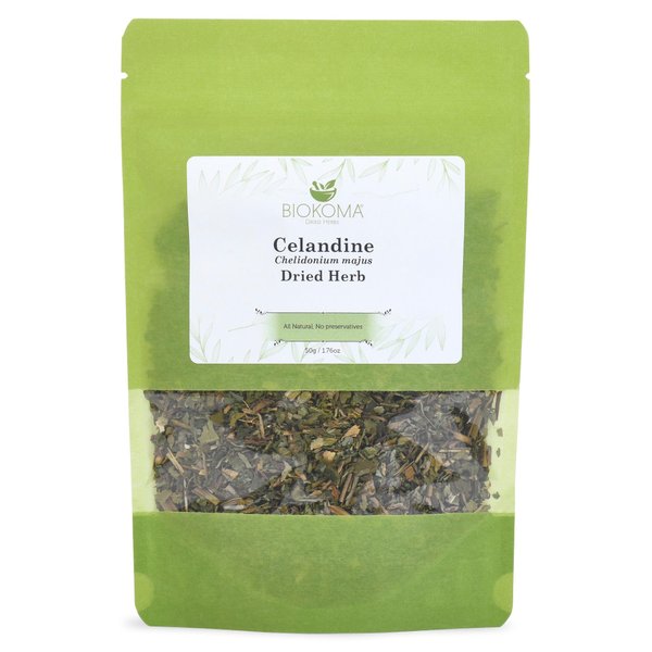 Biokoma Pure and Natural Celandine Dried Herb 50g (1.76oz) Chelidonium Majus Warts Fighter Antioxidant In Resealable Moisture Proof Pouch Herbal Tea No Additives No Preservatives Kosher