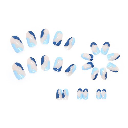 24 Pcs Blue Press on Nails Short, Oval Shape Fake Nails Almond Glossy Full Cover Reusable False Nails French Stripe Wave Artificial Acrylic Nails Women Glue on Nails Manicure Stick on Nails for Set