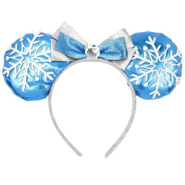 Needzo Blue and Silver Snowflake Mouse Ears Headband with Bow, 2024 Holiday Headbands for Women, Christmas Accessories to Wear, One Size Fits Most