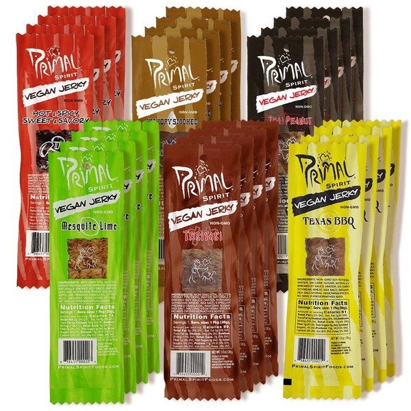 Primal Spirit Vegan Jerky - Sampler Pack, 10g. Plant Based Protein, Certified Non-GMO ("Classics" Thai Peanut, Mesquite Lime, Teriyaki, Hot & Spicy, Hickory Smoked, & Texas BBQ, 24-Pack, 1 oz.)