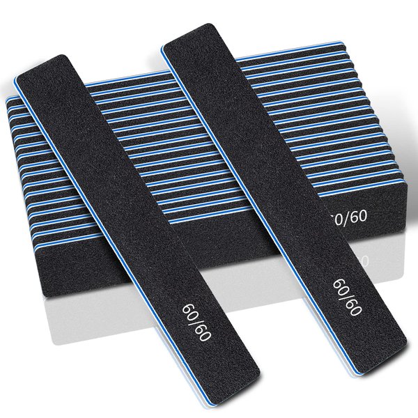 12 Pcs Professional Nail Files, 60/60 Grit Nail Files for Acrylic Nails Gel Nails, Double Sided Emery Board for Nails, Reusable & Washable Coarse Nail File for Home and Salon Use
