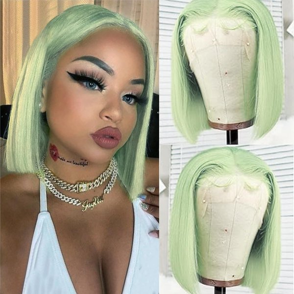 OiMiGO 13x4 Free Part Wigs,Bleached Knots Lace Bob Wigs Colored Mint Green,Full and Thick Remy Human Hair Wigs Pre Plucked with Baby Hair,Straight HD Lace Front Wigs 180% Density(12Inch,Mint Green)