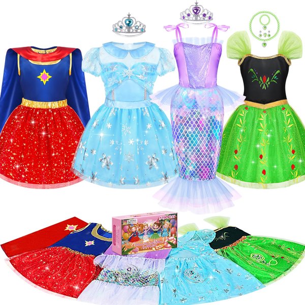 Princess Dress Up Clothes for Little Girls, STOPKLAS 16 PCS Princess Costumes Set for Girls 3-6, Kids' Dress Up & Pretend Play Toys Gifts for Toddlers, Mermaid Princess Dress Up Kit with Accessories