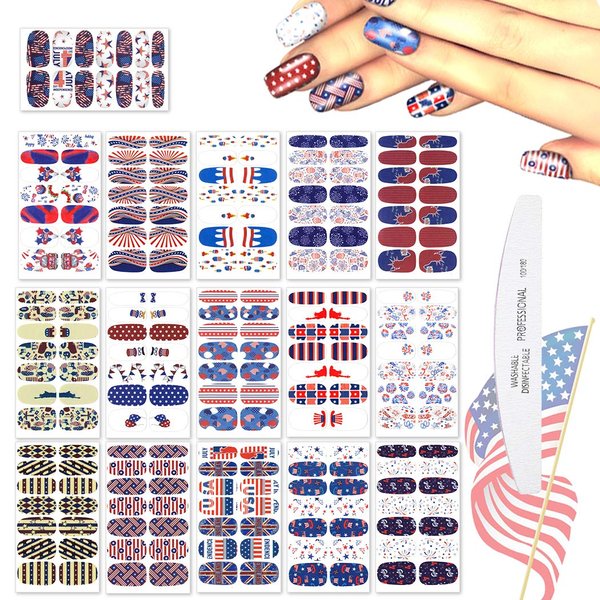 WOKOTO 16 Pcs Independence Day Nail Strips Polish Stickers Fourth of July Self Adhesive Nail Stickers Wraps for Nails Set with 1 Pc Nail File 14 Tips Per Sheet Manicure Strips