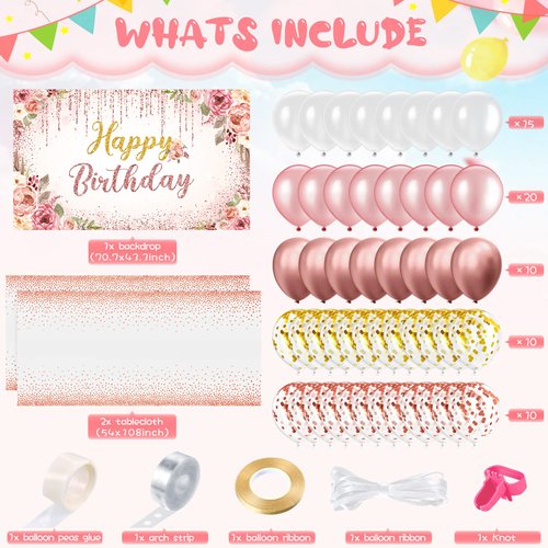 72 Pieces Birthday Decorations for Women Girls Included Backdrop Tablecloths Balloons Floral Garland Happy Birthday Party Supplies for Ladies Birthday Party Decor (Rose Gold)
