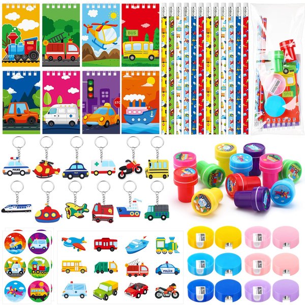Pasimy 96 Pcs Transportation Party Favors Vehicle Birthday Party Favors Fire Truck Mini Notepad Bus Sticker Police Car Keychain Transport Party Supplies for Traffic Party Goodie Bag Filler Prize Gift