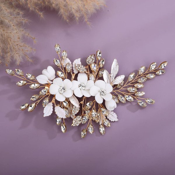 Teyglen Bridal Wedding Flower Rhinestone Hair Clip Hairpin Floral Gold Crystal Leaf Hair Barrette Handmade Wedding Hair Piece Hair Accessories for Women Bride Girls (Gold)