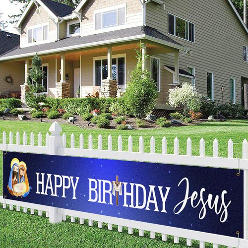 Happy Birthday Jesus Banner,Christmas Birthday Banner for Christmas Jesus’s Birthday Party Decorations,Yard Backdrop of Happy Bday Jesus God Party Decor (118” x 19.6”)