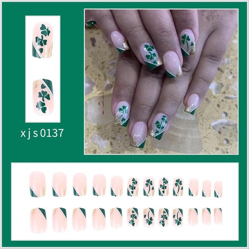 24Pcs St. Patricks Day Fake Nails Short Square French Tip Press on Nail Green Shamrocks with Glitter Full Cover Stick on Nails Designs Acrylic False Nails Irish Glue on Nails for Women Girls DIY