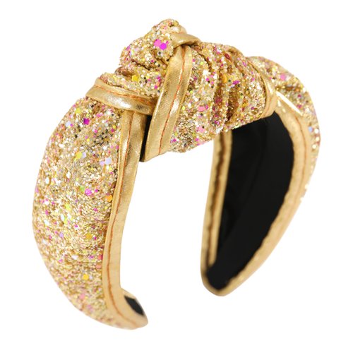 Gmmidea Sequin Knotted Headband for Women Little Girls Glitter Sprinkle Headband Fancy Beaded Wide Hair Band Fashion Girls Jeweled Headband Festival Hair Accessories Gifts B-Gold
