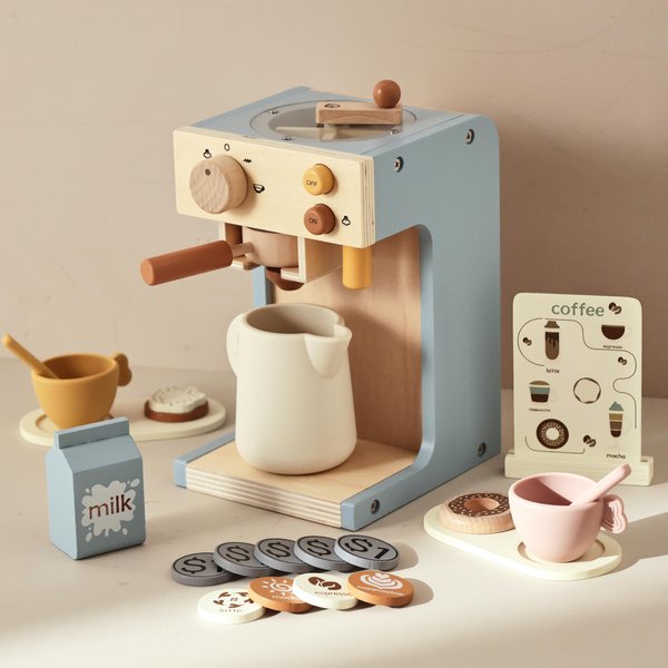 EERKEOD Toy Coffee Maker for Kids Wooden Kids Coffee Maker Playset for Toddlers Play Kitchen Accessories Gift for Girls and Boys