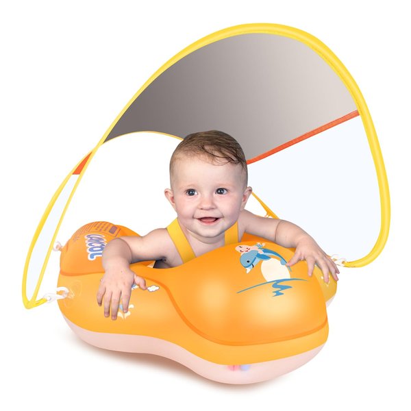 LAYCOL Baby Swimming Float Inflatable Baby Pool Float Ring Newest with Sun Protection Canopy,add Tail no flip Over for Age of 3-36 Months (Orange, L)