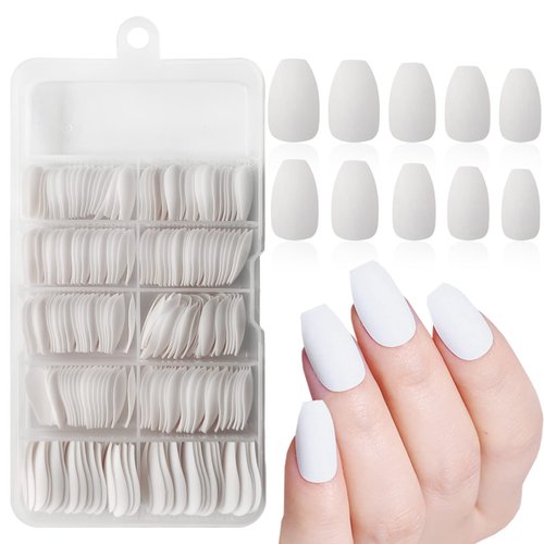 LoveOurHome 240pc Kids Short Coffin Press on Nails Matte White Ballerina Fake Nails Full Cover Colored Artificial Fingernails Acrylic Tips 10 Sizes with Adhesive Tabs