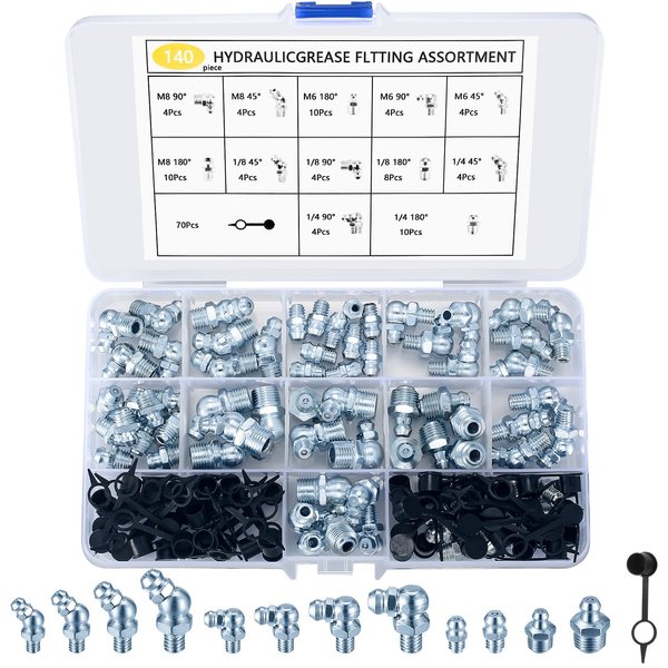 WUJIAQIU Grease Fitting Assortment, 70pcs Grease Fittings Kit, Hydraulic Grease Zerk Fitting, 1/4" 1/8" M6 M8 Straight 90 Degree 45 Degree Angled Zerk Grease Fittings for Angled Grease Guns