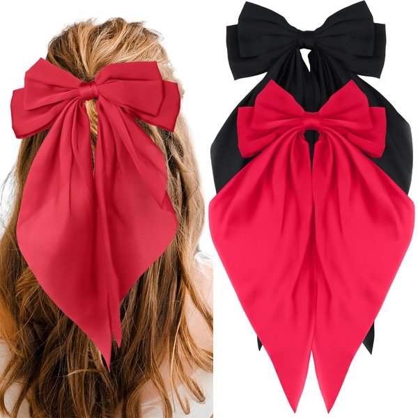 Red Hair Bow Black Hair Bow, 2PCS Big Bows for Girls Hair Bow Clips, Red Bow for Hair Black Bow for Hair Clips, Satin Hair Bows with Long Tail Alligator Clips, Coquette Bows Accessories