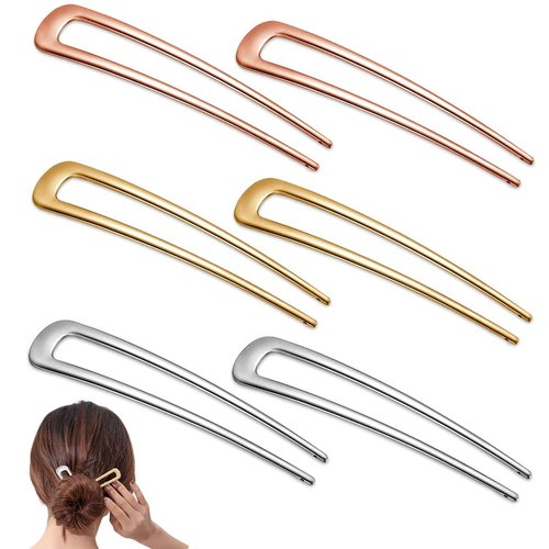 6 Pieces Metal U Shaped Hair Pins French Hairpin Vintage Forks Sticks Bobby Pin Kit for Updo Bun Women Girls Hairstyle Hair Accessories (Gold, Silver, Rose Gold)
