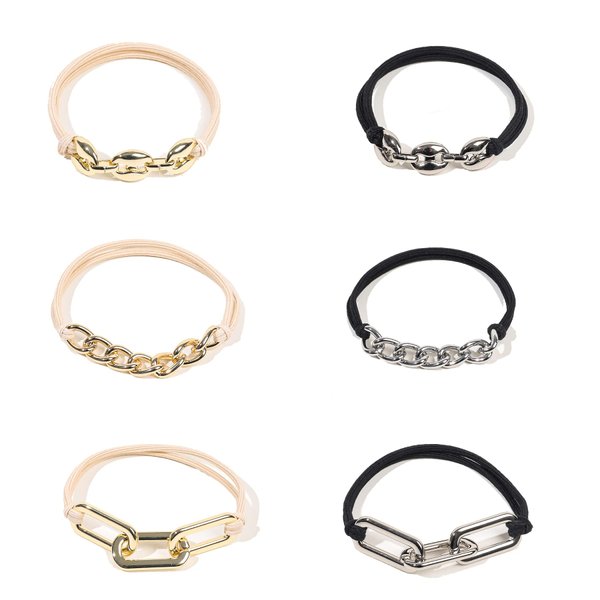 6Pcs Metal Chain Bracelet Hair Ties Elastic Hair Ring Ropes Hair Jewelry Accessories Ponytail Holders Bracelet Hair Ties With Beige Black Elastic, 3pcs Gold and 3pcs Silver