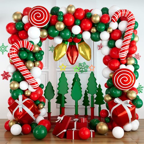 DBKL Balloons 152Pcs Garland Kit for Christmas, Red, White, Green, Gold, Candy Cane, Gift Box, Light Bulb Foil Balloons, Decorations, Party Supplies