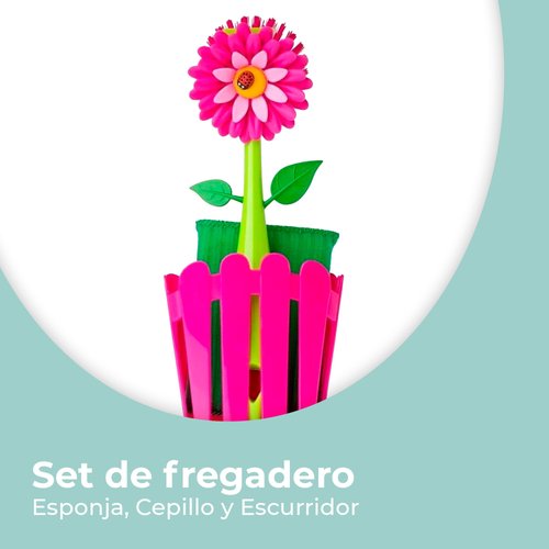 Vigar Flower Power 3-piece Sink Caddy Set, Daisy-shaped Dish Brush, Sponge and Fence-shaped Holder with Suction Cup, Pink