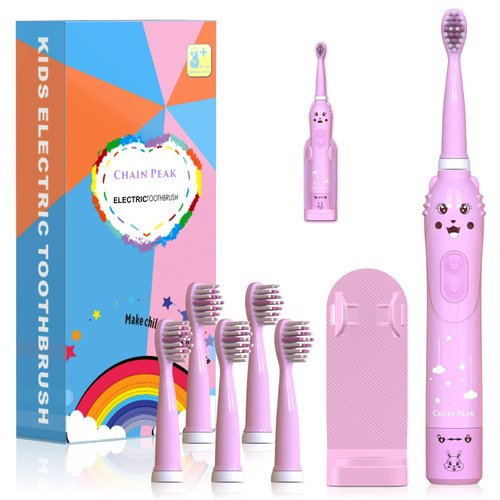 CHAIN PEAK Kids Sonic Electric Toothbrush, Rechargeable Smart Toothbrush for Children, Toothbrush for Toddlers Boys Girls Age 3-12 with 30s Reminder, 2 Mins Timer, 6 Modes, 6 Brush Heads