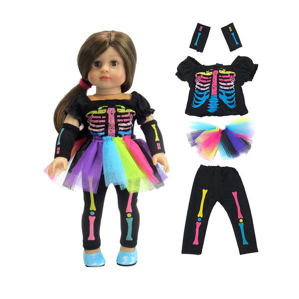 American Fashion World Electric Neon Skeleton Halloween Costume for 18-inch Dolls| Premium Quality & Trendy Design | Dolls Clothes | Outfit Fashions for Dolls for Popular Brands
