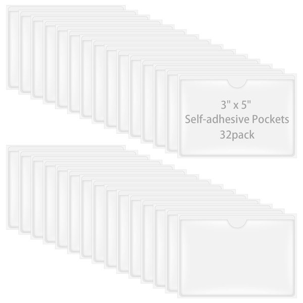 Antner 32 Pack Self-Adhesive Index Card Pockets for 3" x 5" Card, Clear Plastic Labels Holders Top Open for Loading Card Holder for Storage Bins, Library and Locker (3.74 x 5.3 Inches)
