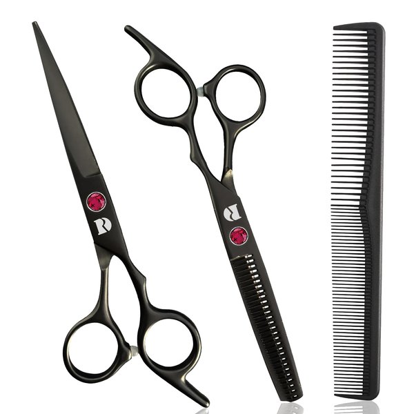 Professional Hair Cutting Shears Set,6 Inch Barber hair Cutting Scissors Thinning Shears Sharp Blades Hairdresser Haircut For Women/Men/kids 420c Stainless Steel Rainbow Color (Black)