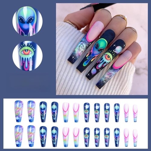 Pikabows Press On Nails Extra Long Matte Coffin Black Dark Ombre Evil Eye Alien Halloween Fake Nails Acrylic False Nail Tips Kit Glue on Nails for Women