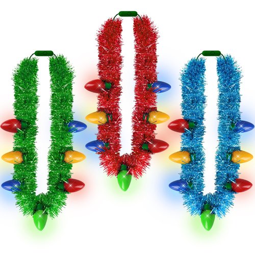 Light up Christmas Necklace, 3PCS Tinsel Christmas Necklaces Accessories, 7 Bulb Red Yellow Blue Green Necklaces Party Supplies, 3 Modes Necklace Accessories for Xmas Ugly Sweater New Year Bulk