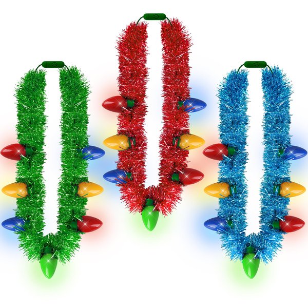 Light up Christmas Necklace, 3PCS Tinsel Christmas Necklaces Accessories, 7 Bulb Red Yellow Blue Green Necklaces Party Supplies, 3 Modes Necklace Accessories for Xmas Ugly Sweater New Year Bulk