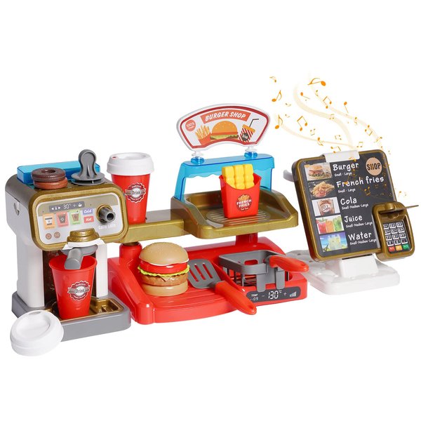 Toy Coffee Maker Pretend Role Play Burger Shop Cash Register with Sound, Kids Kitchen Pretend Play Sets Kitchen Appliances Toy for Boys Girls (Burger Shop)