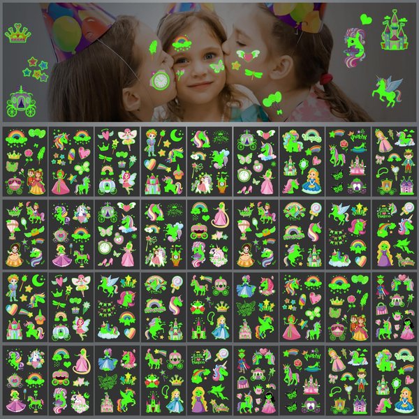 252+ PCS Glow Unicorn Princess Temporary Tattoo for Kids, 36 Sheets Rainbow Castle Candy Star Prince Fake Tattoos Sticker for Girls Boys, Luminous Birthday Magic Fairy Theme Party Favors Decoration