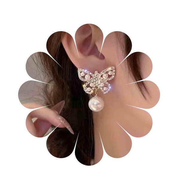 Sttiafay Vintage Crystal Pearl Butterfly Earrings Butterfly Pearl Drop Earrings Gold Rhinestone Butterfly Stud Earrings Cz Cluster Pearl Earrings Jewelry for Women and Girls