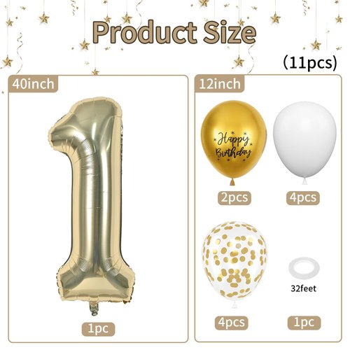 40 Inch Light Gold Number 1 Balloon, 1st Birthday Balloons, Confetti Balloons Gold Birthday Print White Latex Balloons Giant 1 Foil Balloon for Baby Boy Girl 1st Birthday Party Decorations Anniversary