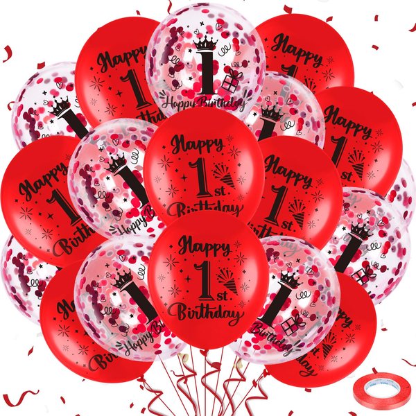1st Birthday Balloons for Boys Girls, 18Pcs Red Happy 1st Birthday Decorations Balloons 1st Birthday Latex Balloons Confetti Balloons Red One Year Old Balloons for First Birthday Party Supplies Decor