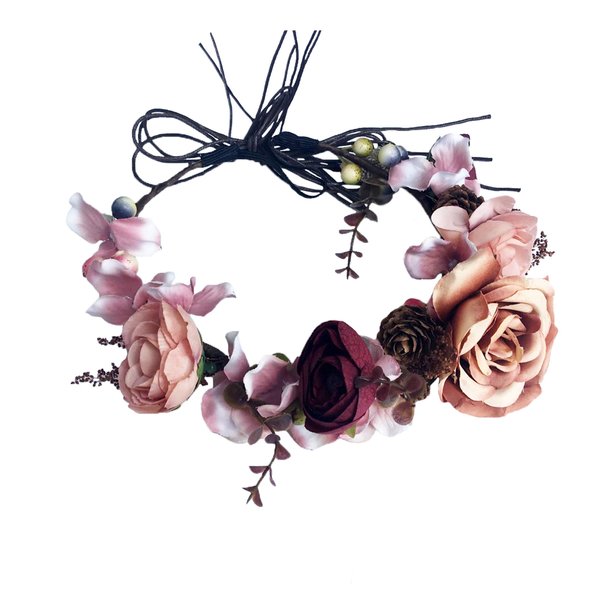 LLinfflr Floral Crown Headband Flower Headpiece Floral Halo Hair Wreath Boho with Ribbon Wedding Party Photos Prom Brown