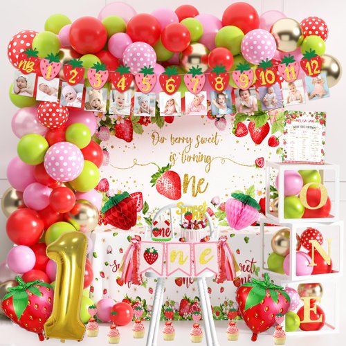 100 Pcs Strawberry 1st Birthday Party Decorations Berry First Birthday Decor for Girls Strawberry Theme Sweet One Birthday Party Supplies Include Banners Balloon Boxes Backdrop Tablecloth Crown Poster