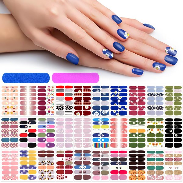 DANNEASY 30 Sheets Nail Polish Stickers Full Nail Wraps Flower Fingernail Sticker Nails for Women Self Adhesive Stick on Nail Polish Strips Gel Nail Strips with Nail File, Cuticle Stick