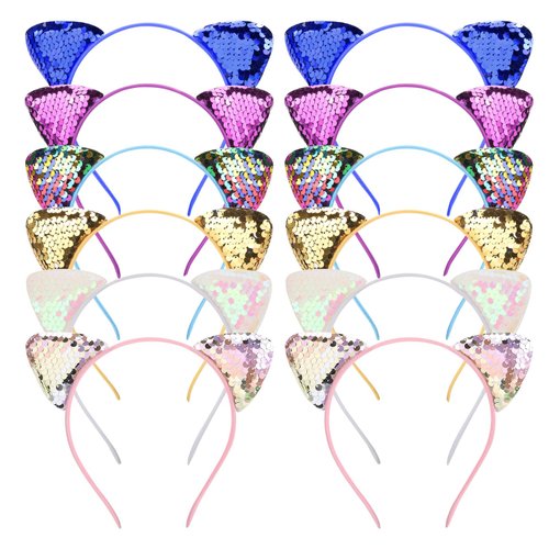 Tbestmax 12 Cat Ear Headbands Cute Sequin Cat Ear for Women and Girls Cat Costume Cosplay Daily Decorations Bunny Bow Headwear, 6 Colors