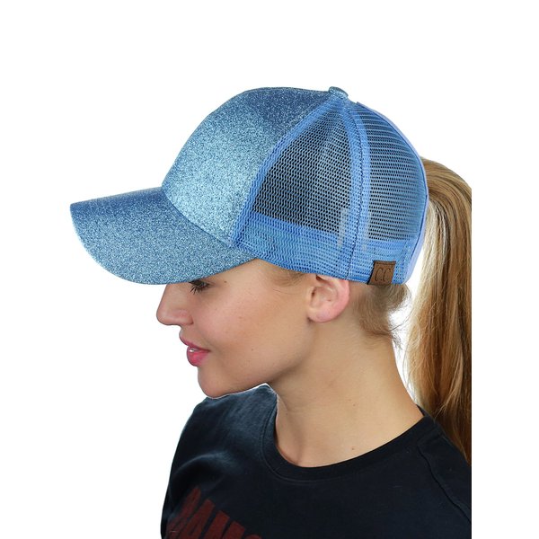 C.C Ponycap Messy High Bun Ponytail Adjustable Glitter Mesh Trucker Baseball Cap, Light Blue