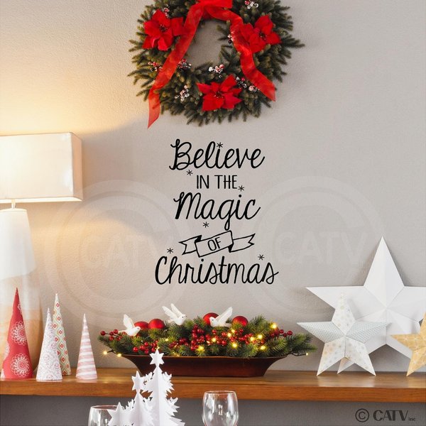 (Tall) Believe in The Magic of Christmas Vinyl Lettering Wall Decal Sticker (Black, 10"W x 12"H)