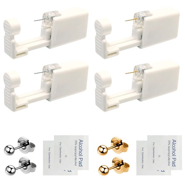 4 PCS Self Ear Piercing Gun Kit, Disposable Ear Piercing Gun Tool Set with Stud Earrings and Clean for Salon Home Use (3MM)