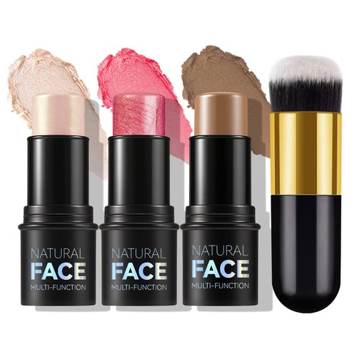 MLSMILE Cream Contour Stick Makeup Kit,with Highlighter, Blush and Bronzer Contour Sticks and Brushes for Sculpt the Cheeks, Create Non-greasy, Waterproof and Long-lasting Contour makeup（01#,03#,04#）