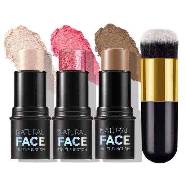 MLSMILE Cream Contour Stick Makeup Kit,with Highlighter, Blush and Bronzer Contour Sticks and Brushes for Sculpt the Cheeks, Create Non-greasy, Waterproof and Long-lasting Contour makeup（01#,03#,04#）
