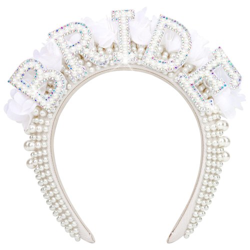 Jaciya Pearl Bride Headband for Women Rhinestone Flower Bride Headband Bachelorette Party Decorations Bride Hair Accessories Bridal Shower Decorations Bachelorette Gifts for Bride