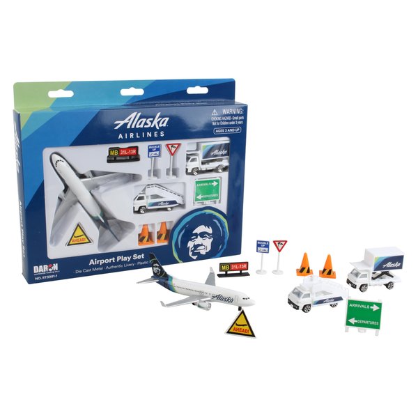 Daron Alaska Airlines Airport Playset with Die-Cast Metal Model Airplane with Plastic Parts, Cars and Transportation Toys for Kids Ages 3+
