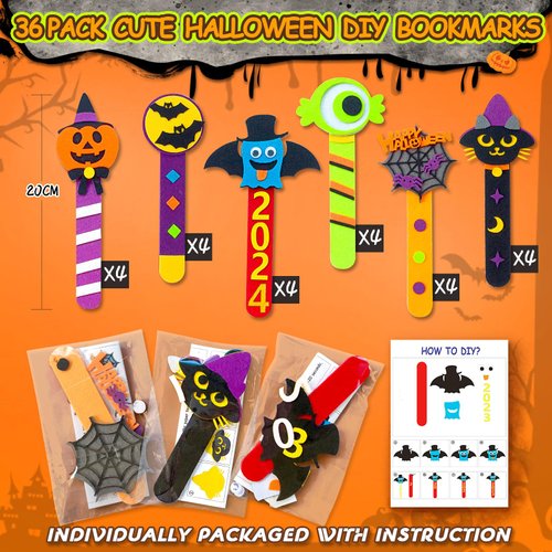 ZIRSENG 36 Piece Halloween Crafts for Kids Ages 4 8 12, Halloween DIY Bookmark Craft Bulk for Party Favors, Halloween Classroom Crafts Rewards Prizes for Students, Trick or Treat Goodie