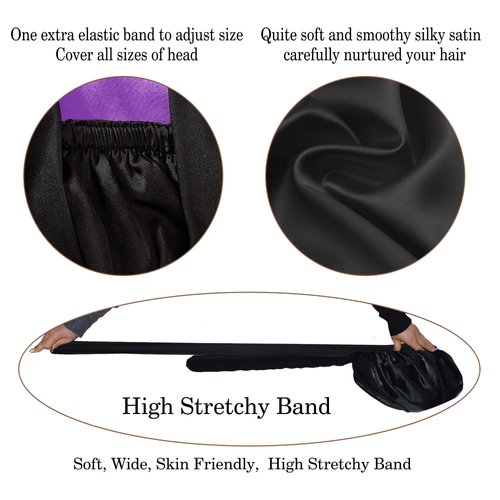 BONNET QUEEN Reversible Silk Bonnet for Sleeping Double Layer Satin Bonnet Hair Bonnet Adjustable Tie Bonnets Satin Lined Bonnet Night Sleeping Hair Wrap for Women Black Purple